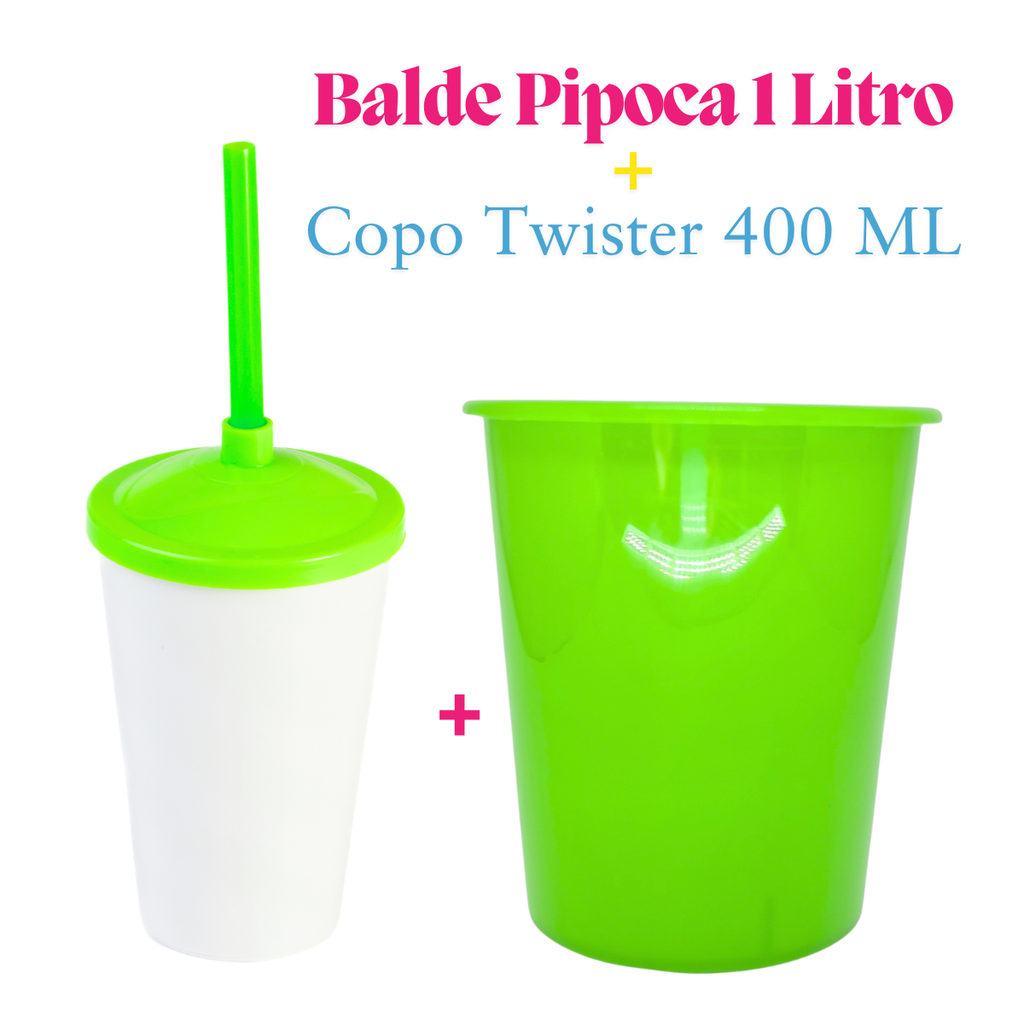10 Kit Festa Baldinho Pipoca 1Lt + 10 Copos Twister Branco 400 Ml