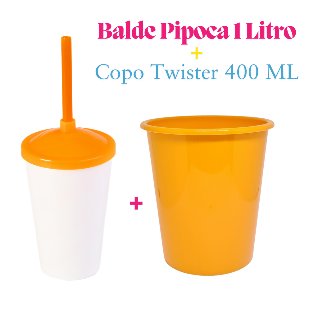 10 Kit Festa Baldinho Pipoca 1Lt + 10 Copos Twister Branco 400 Ml