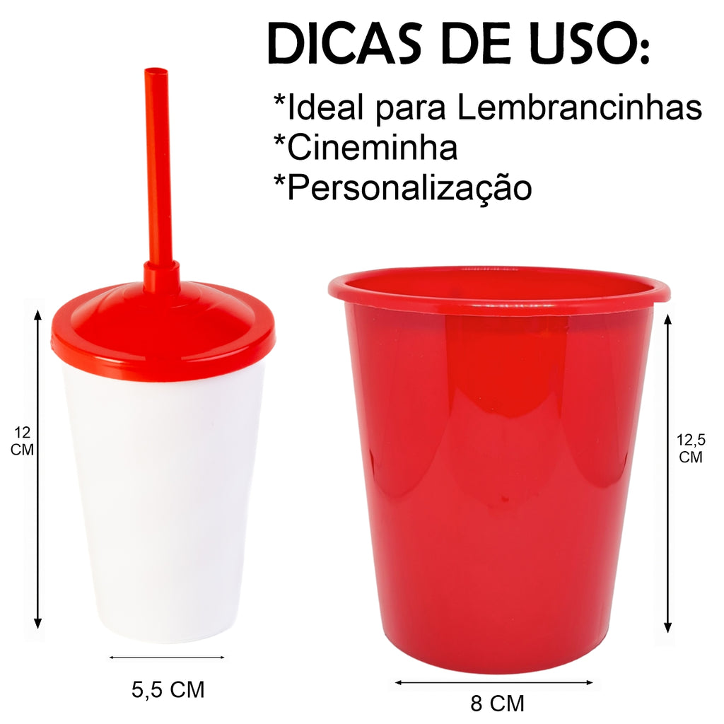10 Kit Festa Baldinho Pipoca 1Lt + 10 Copos Twister Branco 400 Ml