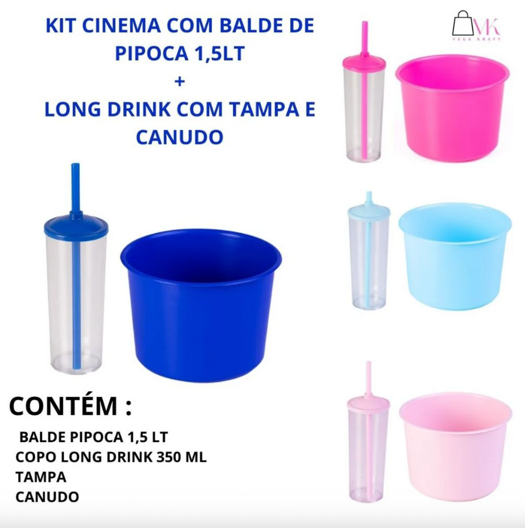 Kit 32 Cinema Balde Pipoca Pop 1,5 LT + 32 Copo Long Drink Cristal Ou Branco Para Adesivar