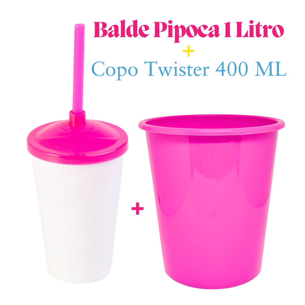 10 Kit Festa Baldinho Pipoca 1Lt + 10 Copos Twister Branco 400 Ml