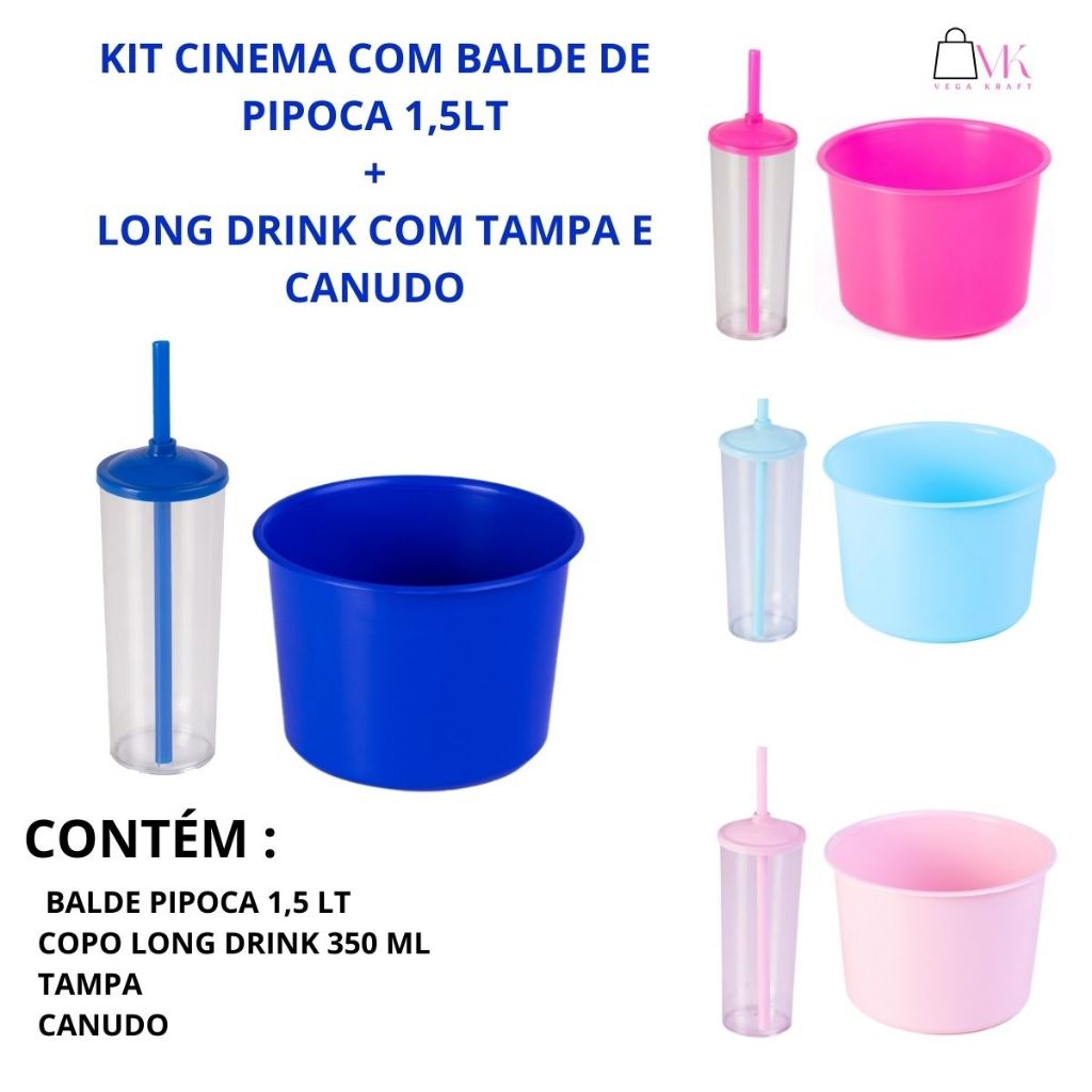 15 Kit Cinema Balde Pipoca Pop 1,5 LT + 15 Copo Long Drink Cristal Ou Branco Para Adesivar