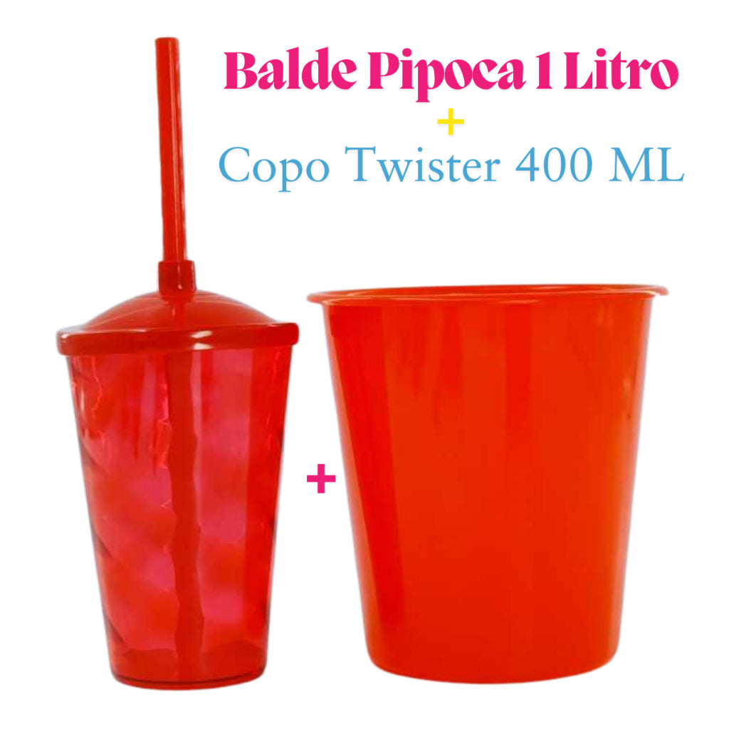 Kit Cinema 10 Baldinho Pipoca 1Lt + 10 Copos Twister 400 Ml Translucido