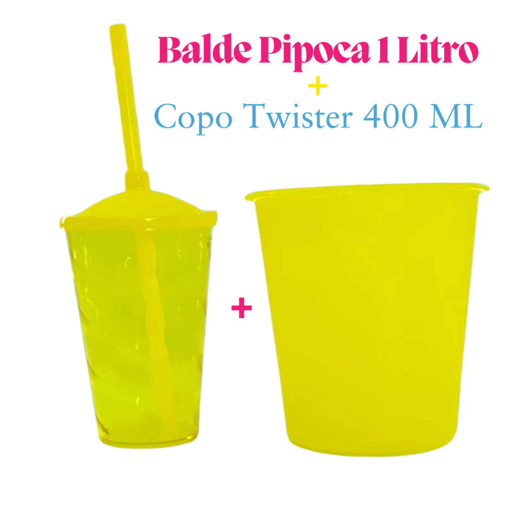 Kit Cinema 10 Baldinho Pipoca 1Lt + 10 Copos Twister 400 Ml Translucido