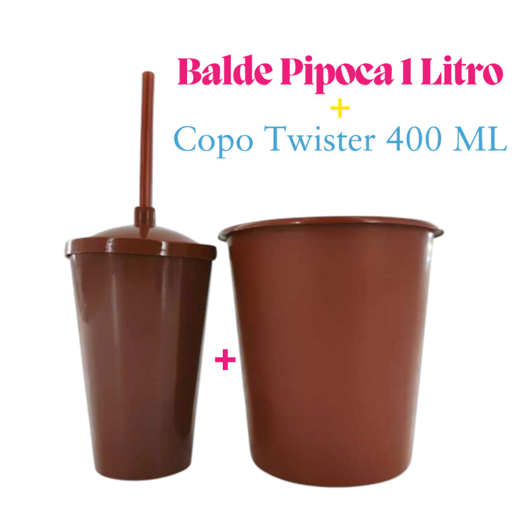 Kit Festa 10 Baldinho Pipoca 1Lt +10  Copos Twister 400 Ml Lembrancinha Sólido Leitoso