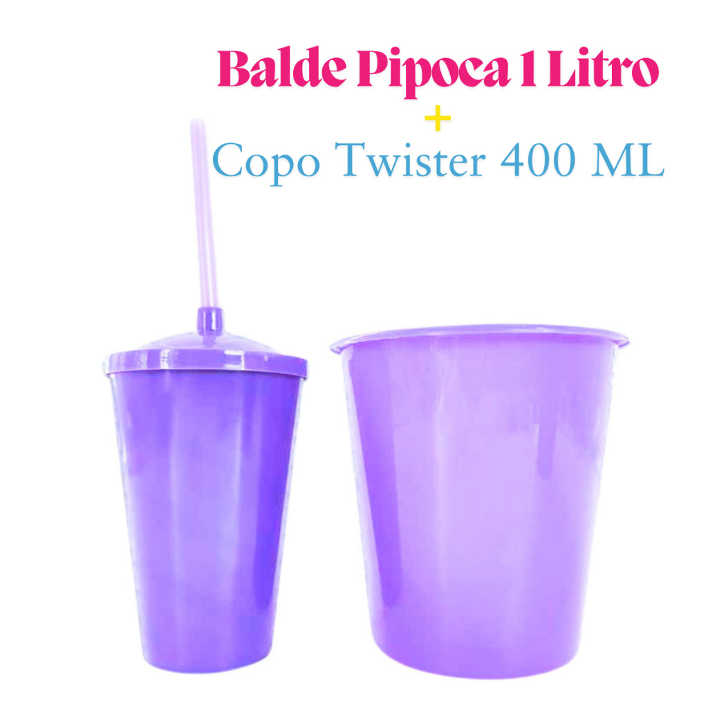 Kit Festa 10 Baldinho Pipoca 1Lt +10  Copos Twister 400 Ml Lembrancinha Sólido Leitoso