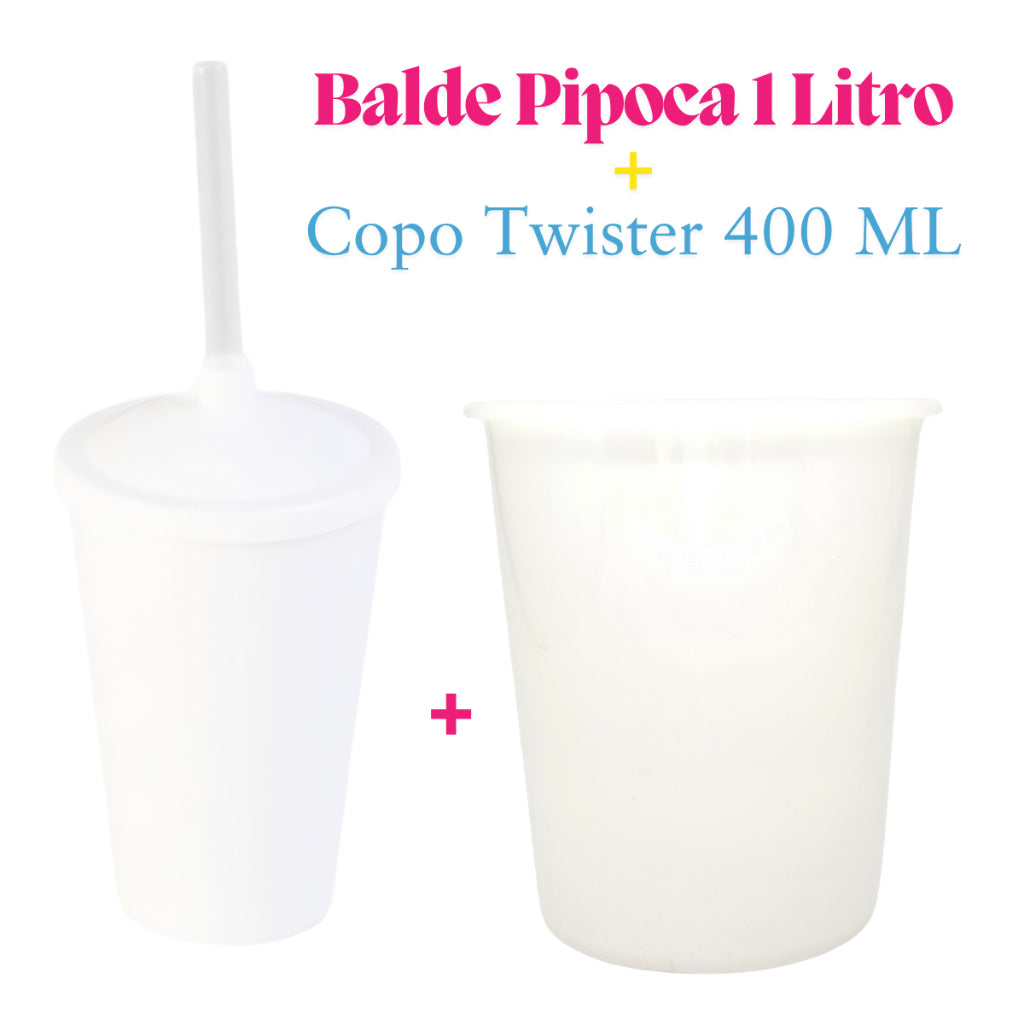 Kit Festa 10 Baldinho Pipoca 1Lt +10  Copos Twister 400 Ml Lembrancinha Sólido Leitoso