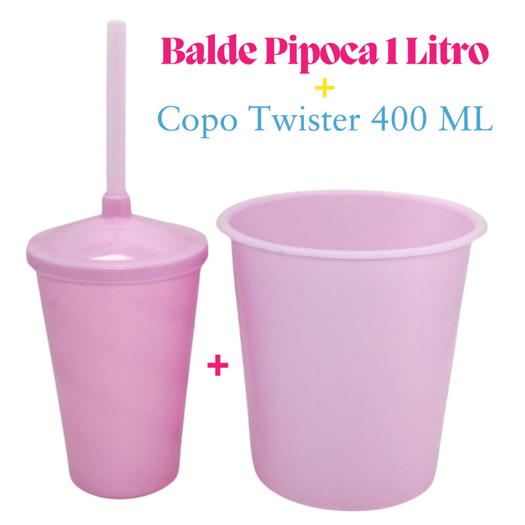Kit Festa 10 Baldinho Pipoca 1Lt +10  Copos Twister 400 Ml Lembrancinha Sólido Leitoso