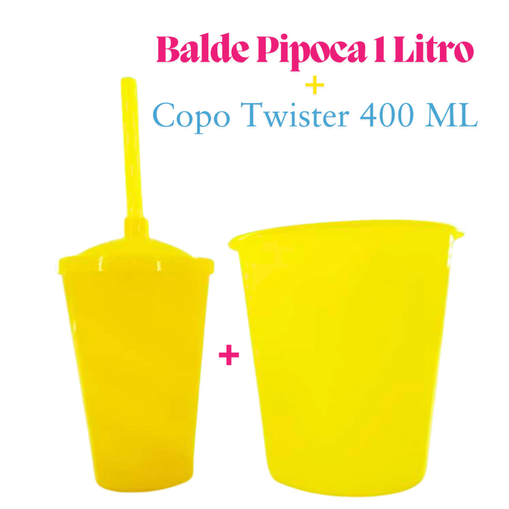 Kit Festa 10 Baldinho Pipoca 1Lt +10  Copos Twister 400 Ml Lembrancinha Sólido Leitoso