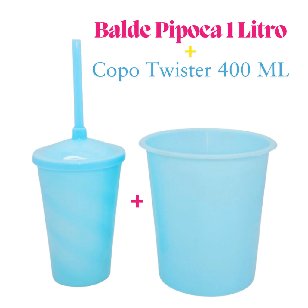 Kit Festa 10 Baldinho Pipoca 1Lt +10  Copos Twister 400 Ml Lembrancinha Sólido Leitoso