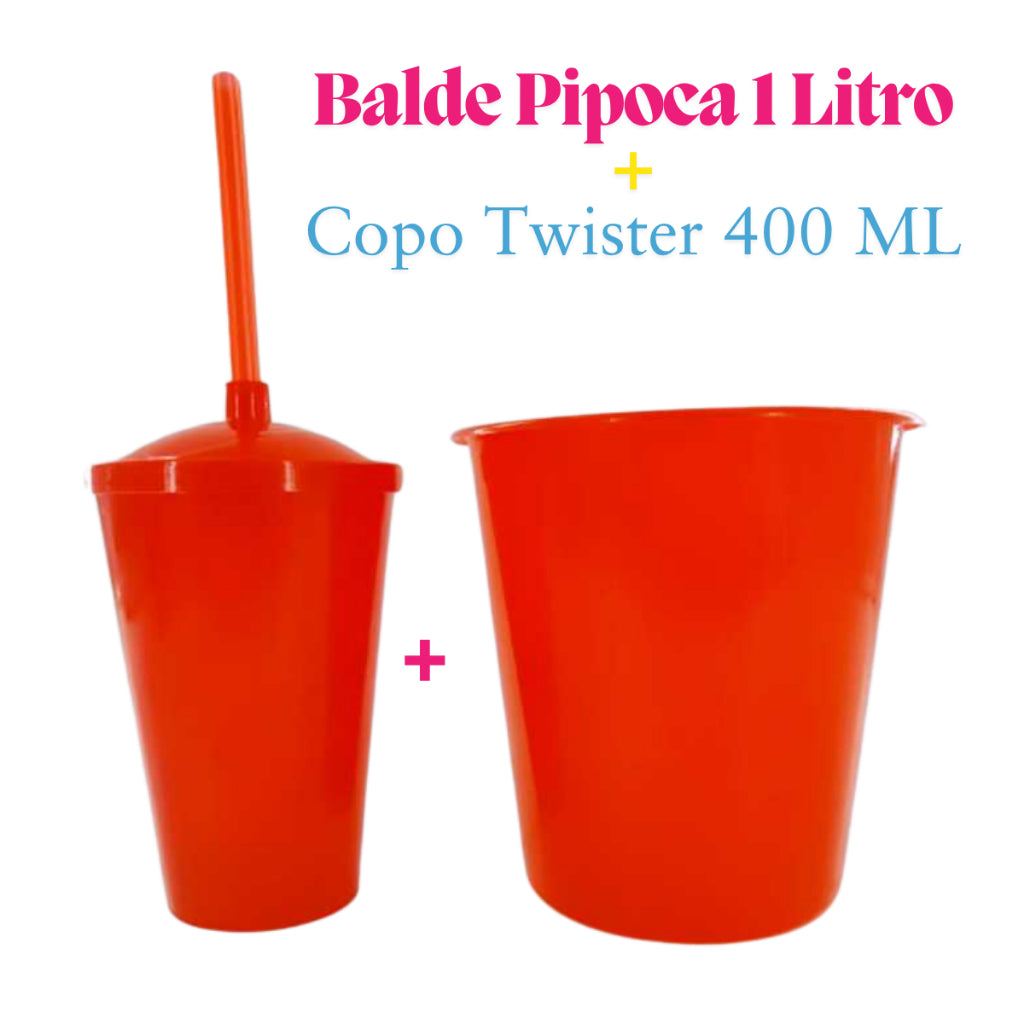Kit Festa 10 Baldinho Pipoca 1Lt +10  Copos Twister 400 Ml Lembrancinha Sólido Leitoso
