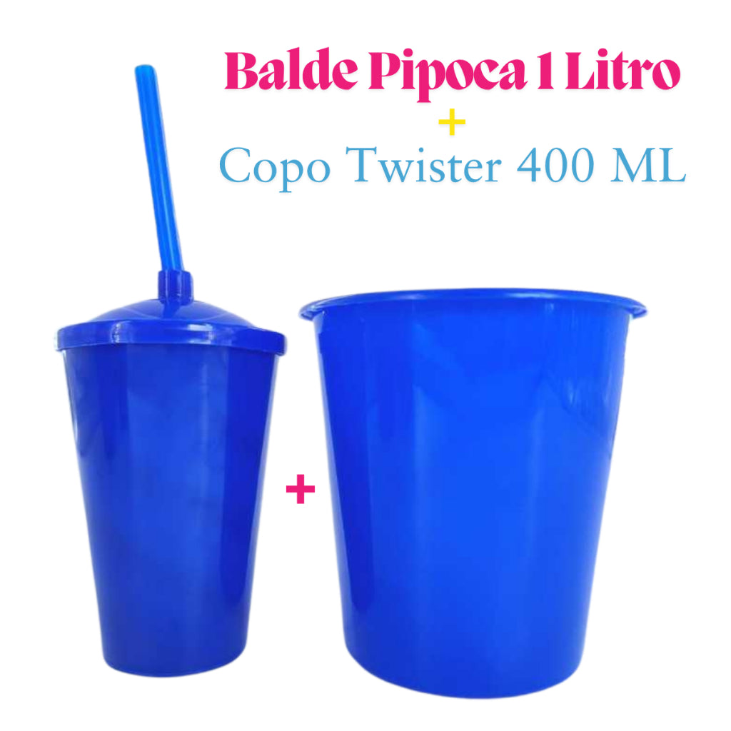 Kit Festa 10 Baldinho Pipoca 1Lt +10  Copos Twister 400 Ml Lembrancinha Sólido Leitoso