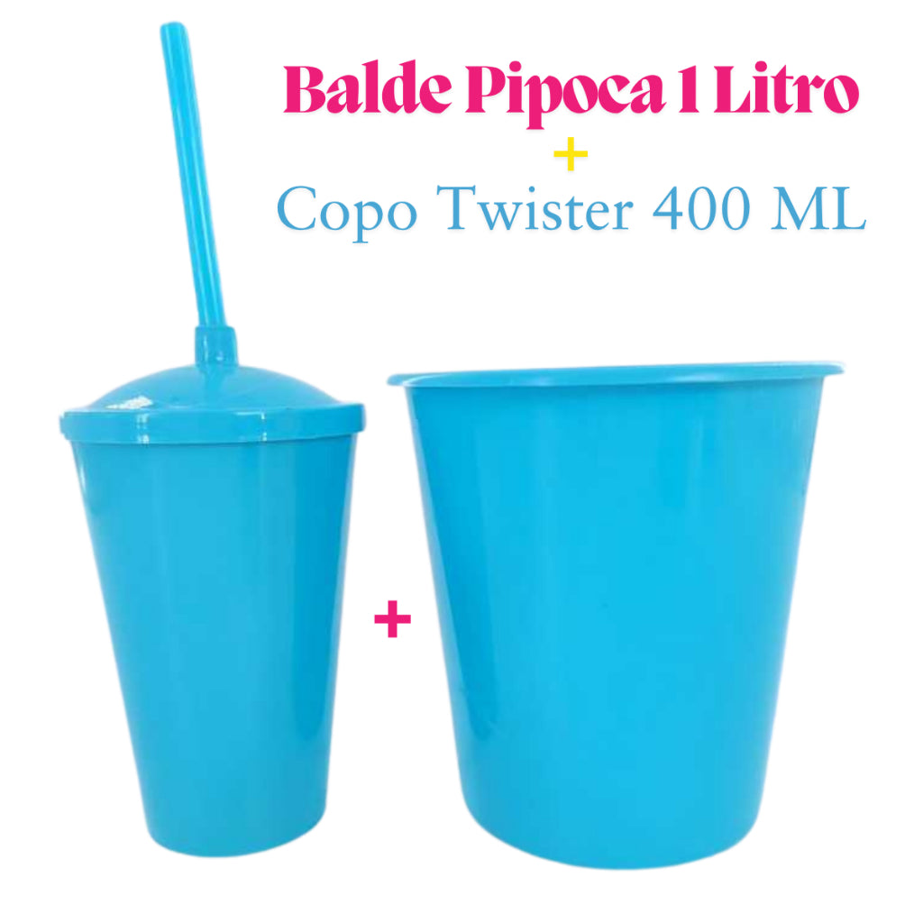 Kit Festa 10 Baldinho Pipoca 1Lt +10  Copos Twister 400 Ml Lembrancinha Sólido Leitoso