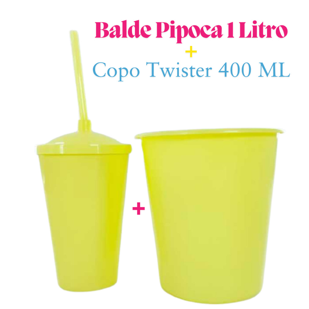 Kit Festa 10 Baldinho Pipoca 1Lt +10  Copos Twister 400 Ml Lembrancinha Sólido Leitoso