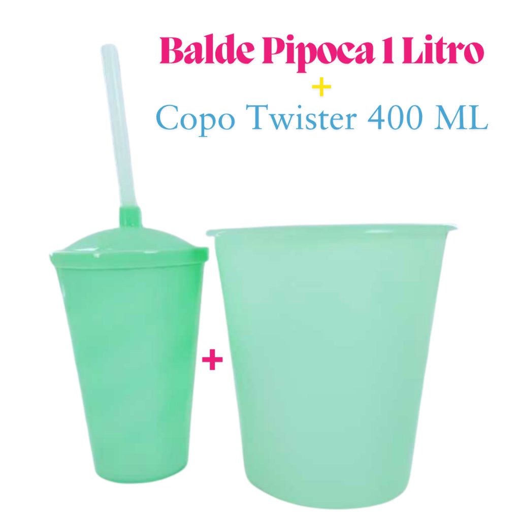 Kit Festa 10 Baldinho Pipoca 1Lt +10  Copos Twister 400 Ml Lembrancinha Sólido Leitoso