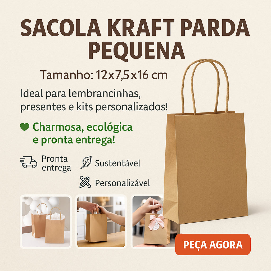 100 Mini Sacolas Kraft 12x7,5x16 cm Lembrancinha Loja Presente Acessórios Doces