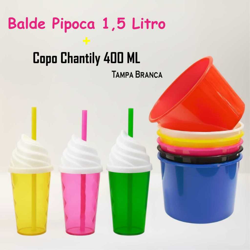 Kit Lembrança 15 Balde Pipoca 1,5 L+ 15 Copo Twister Tampa Chantily 400 ML