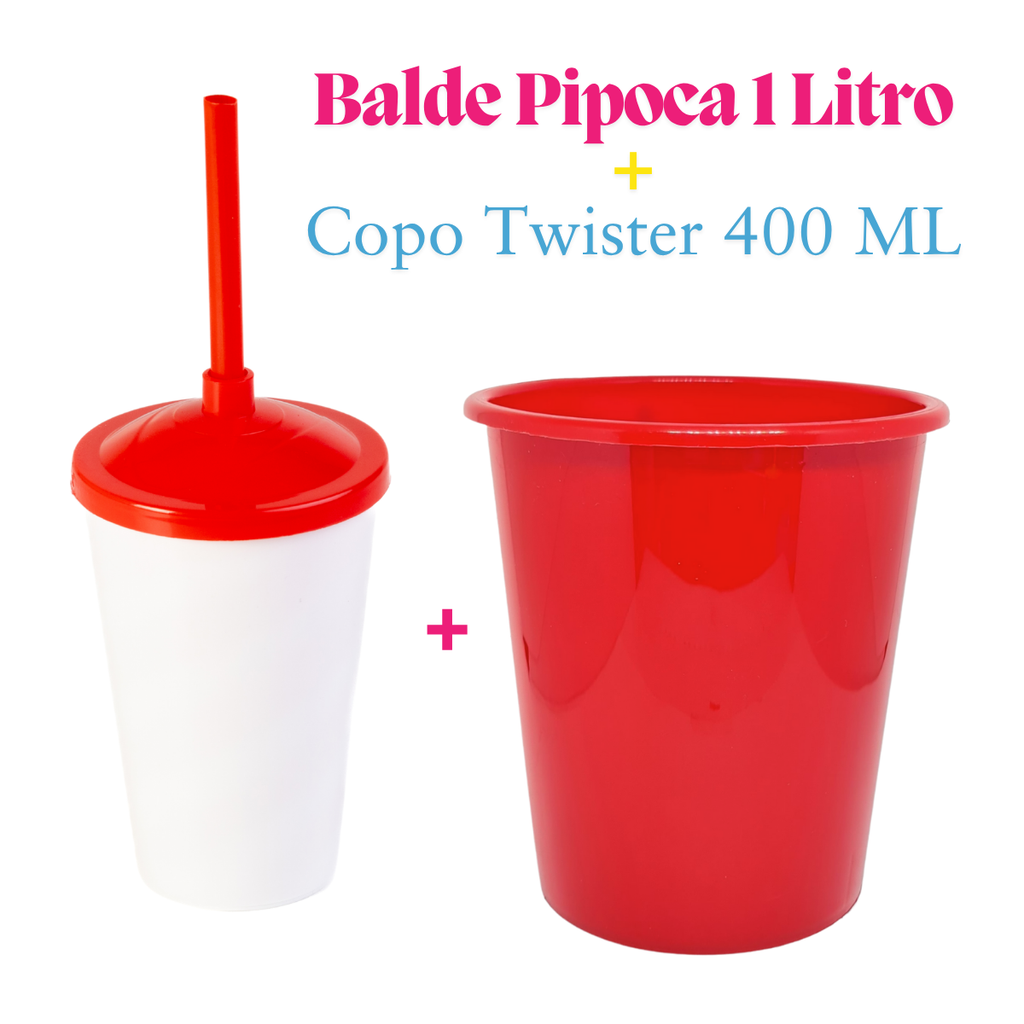 10 Kit Festa Baldinho Pipoca 1Lt + 10 Copos Twister Branco 400 Ml