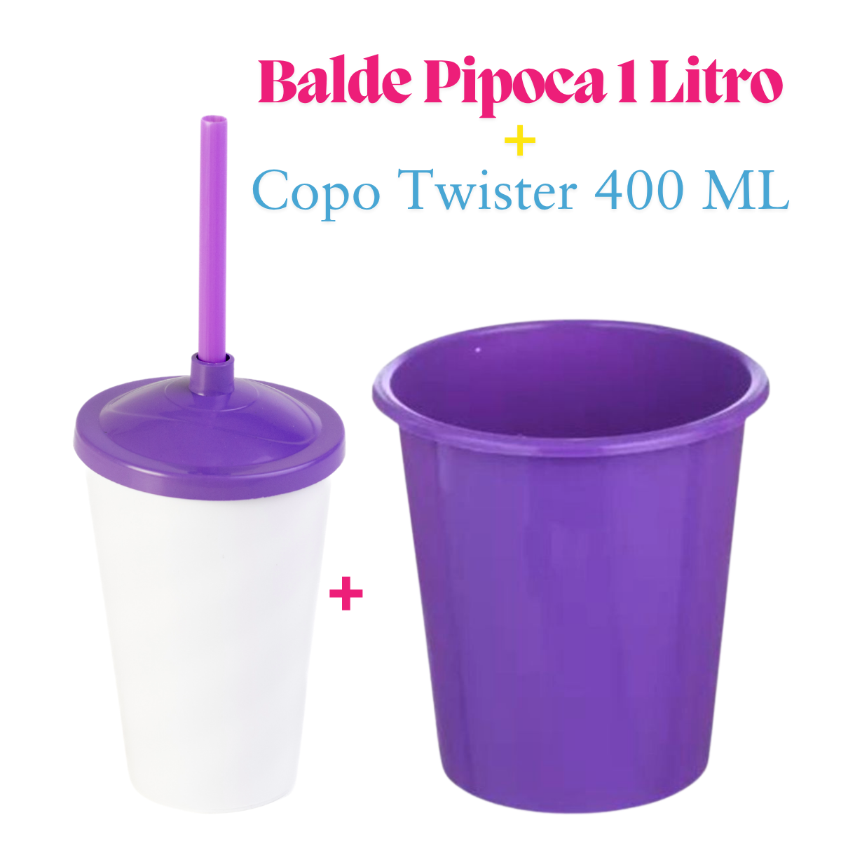 10 Kit Festa Baldinho Pipoca 1Lt + 10 Copos Twister Branco 400 Ml