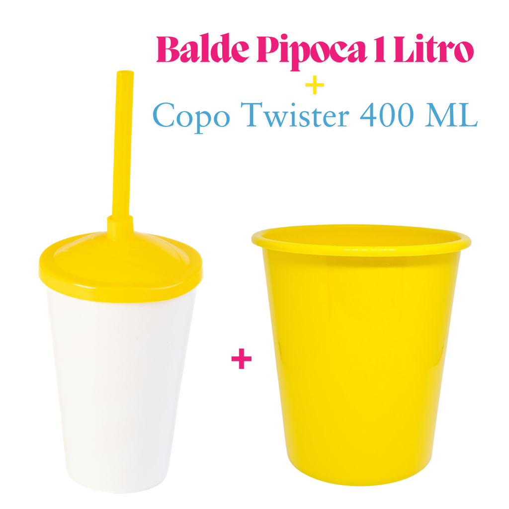 10 Kit Festa Baldinho Pipoca 1Lt + 10 Copos Twister Branco 400 Ml