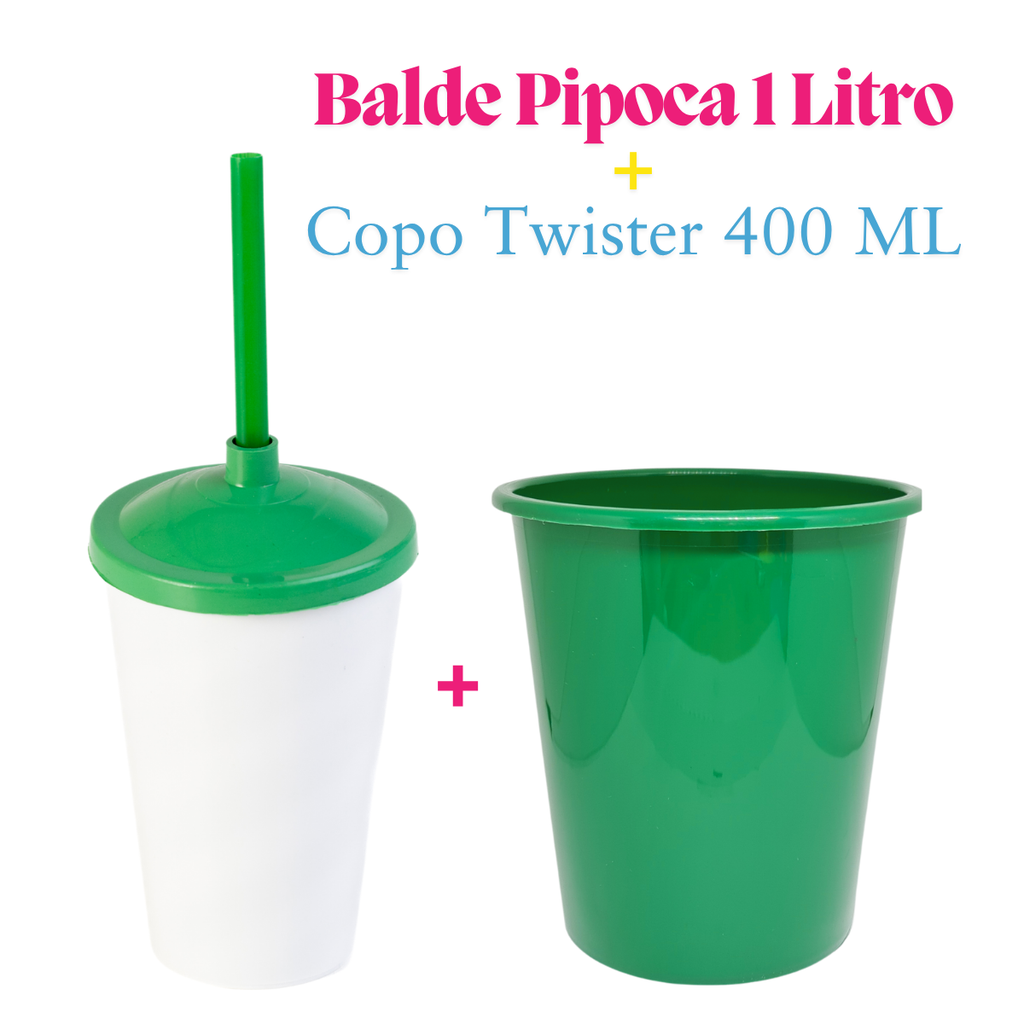 10 Kit Festa Baldinho Pipoca 1Lt + 10 Copos Twister Branco 400 Ml