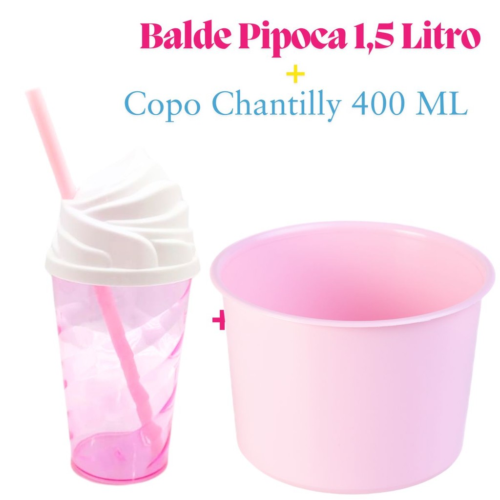 Kit Lembrança 15 Balde Pipoca 1,5 L+ 15 Copo Twister Tampa Chantily 400 ML