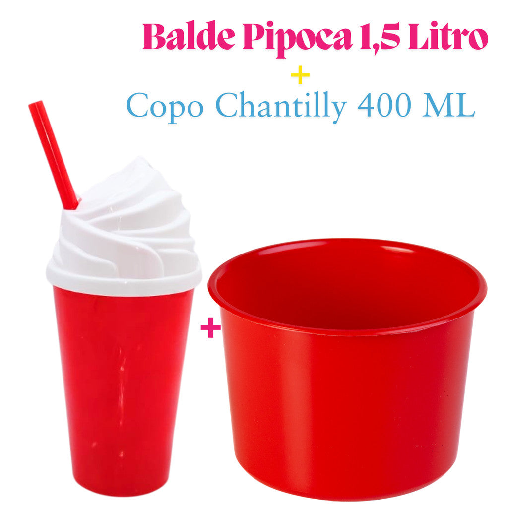 Kit Lembrança 15 Balde Pipoca 1,5 L+ 15 Copo Twister Tampa Chantily 400 ML