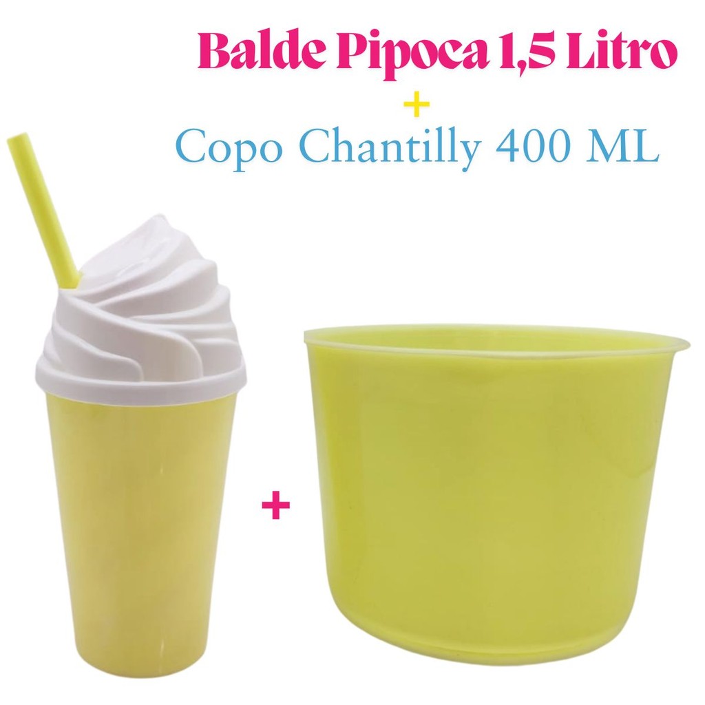 Kit Lembrança 15 Balde Pipoca 1,5 L+ 15 Copo Twister Tampa Chantily 400 ML