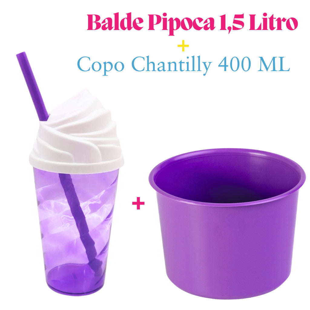 Kit Lembrança 15 Balde Pipoca 1,5 L+ 15 Copo Twister Tampa Chantily 400 ML