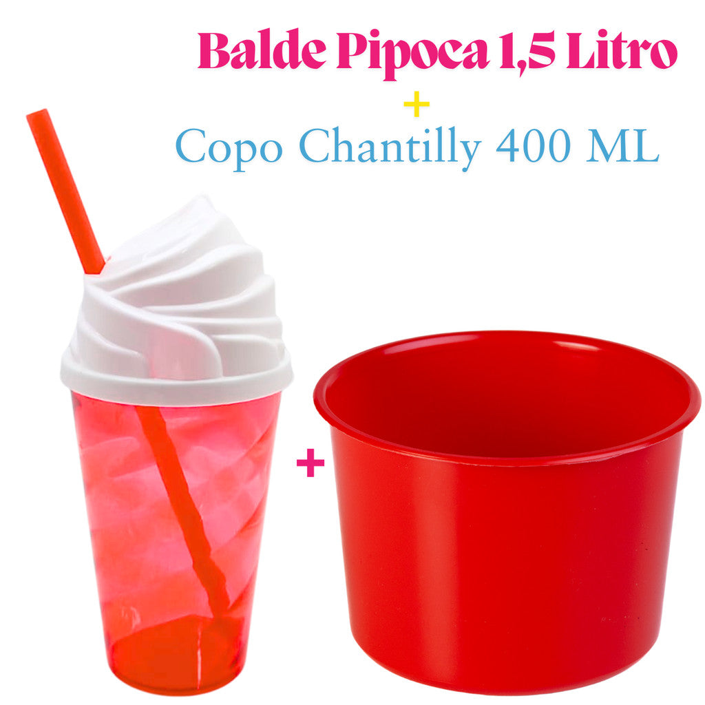 Kit Lembrança 15 Balde Pipoca 1,5 L+ 15 Copo Twister Tampa Chantily 400 ML