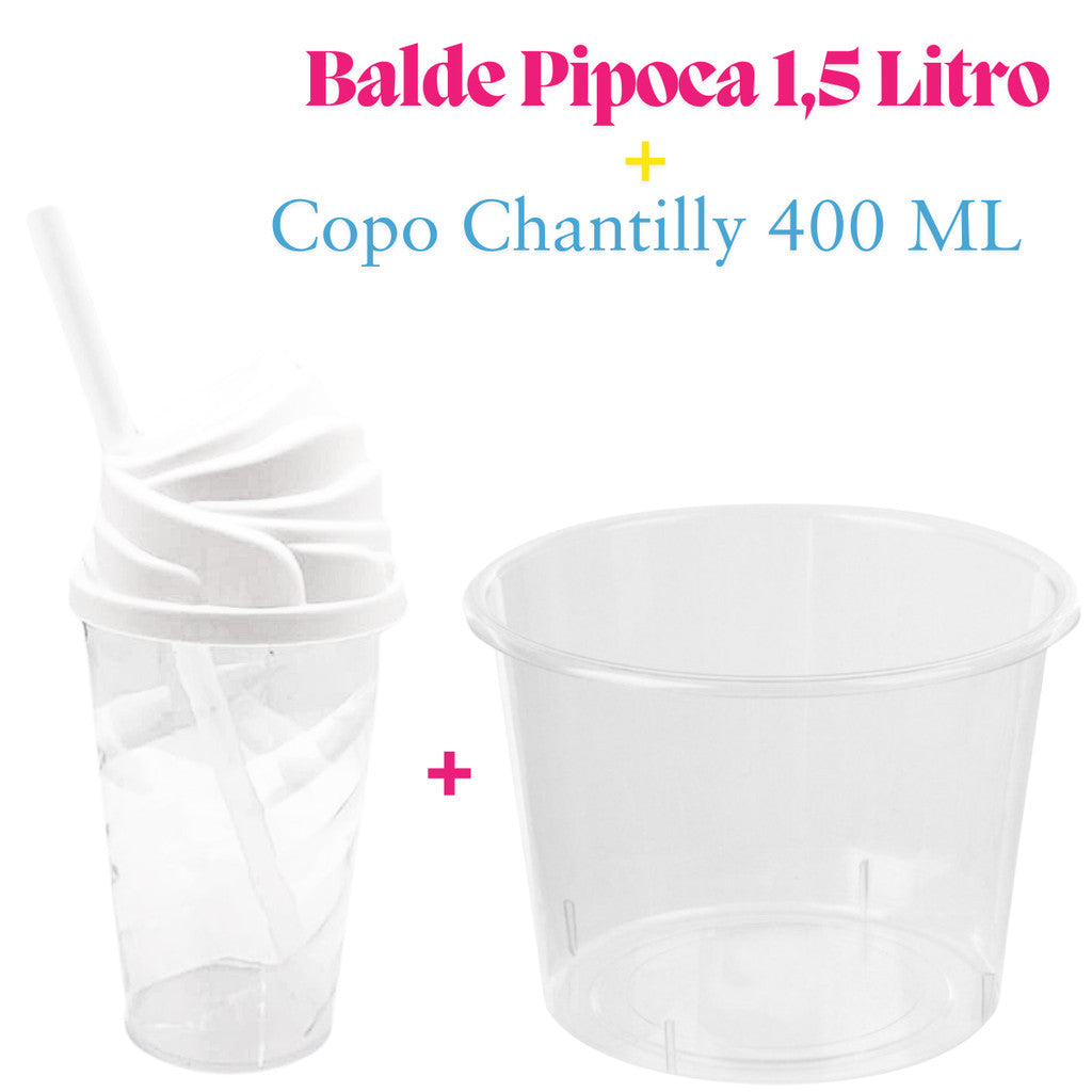 Kit Lembrança 15 Balde Pipoca 1,5 L+ 15 Copo Twister Tampa Chantily 400 ML
