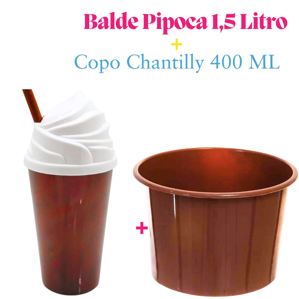 Kit Lembrança 15 Balde Pipoca 1,5 L+ 15 Copo Twister Tampa Chantily 400 ML