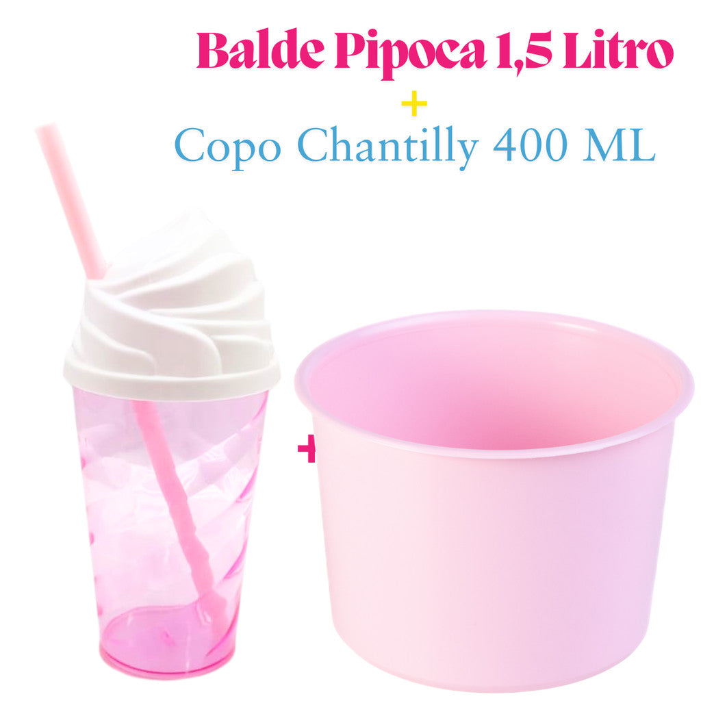 Kit Lembrança 15 Balde Pipoca 1,5 L+ 15 Copo Twister Tampa Chantily 400 ML