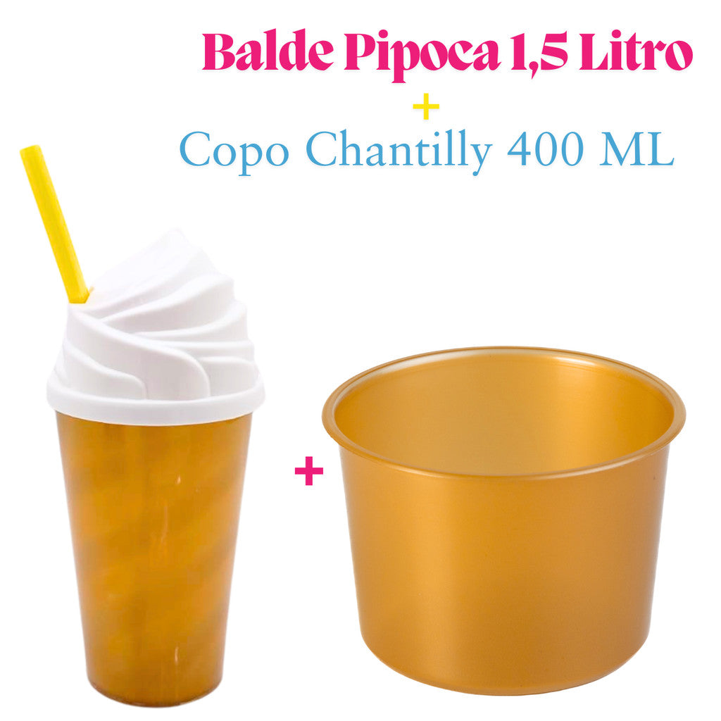 Kit Lembrança 15 Balde Pipoca 1,5 L+ 15 Copo Twister Tampa Chantily 400 ML