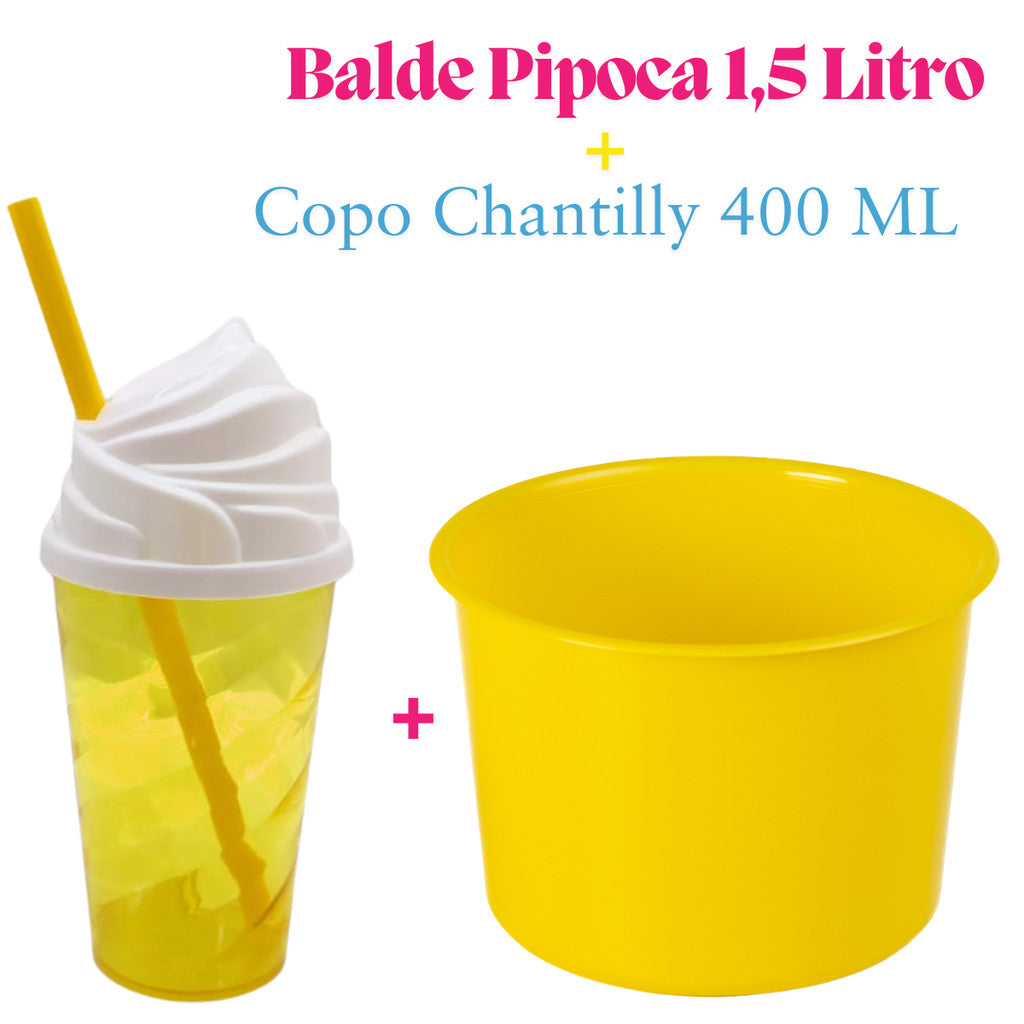 Kit Lembrança 15 Balde Pipoca 1,5 L+ 15 Copo Twister Tampa Chantily 400 ML