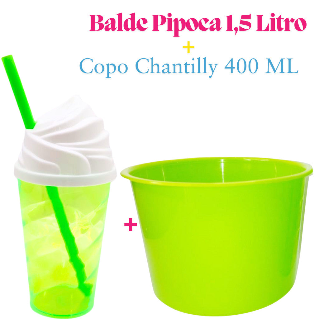 Kit Lembrança 15 Balde Pipoca 1,5 L+ 15 Copo Twister Tampa Chantily 400 ML