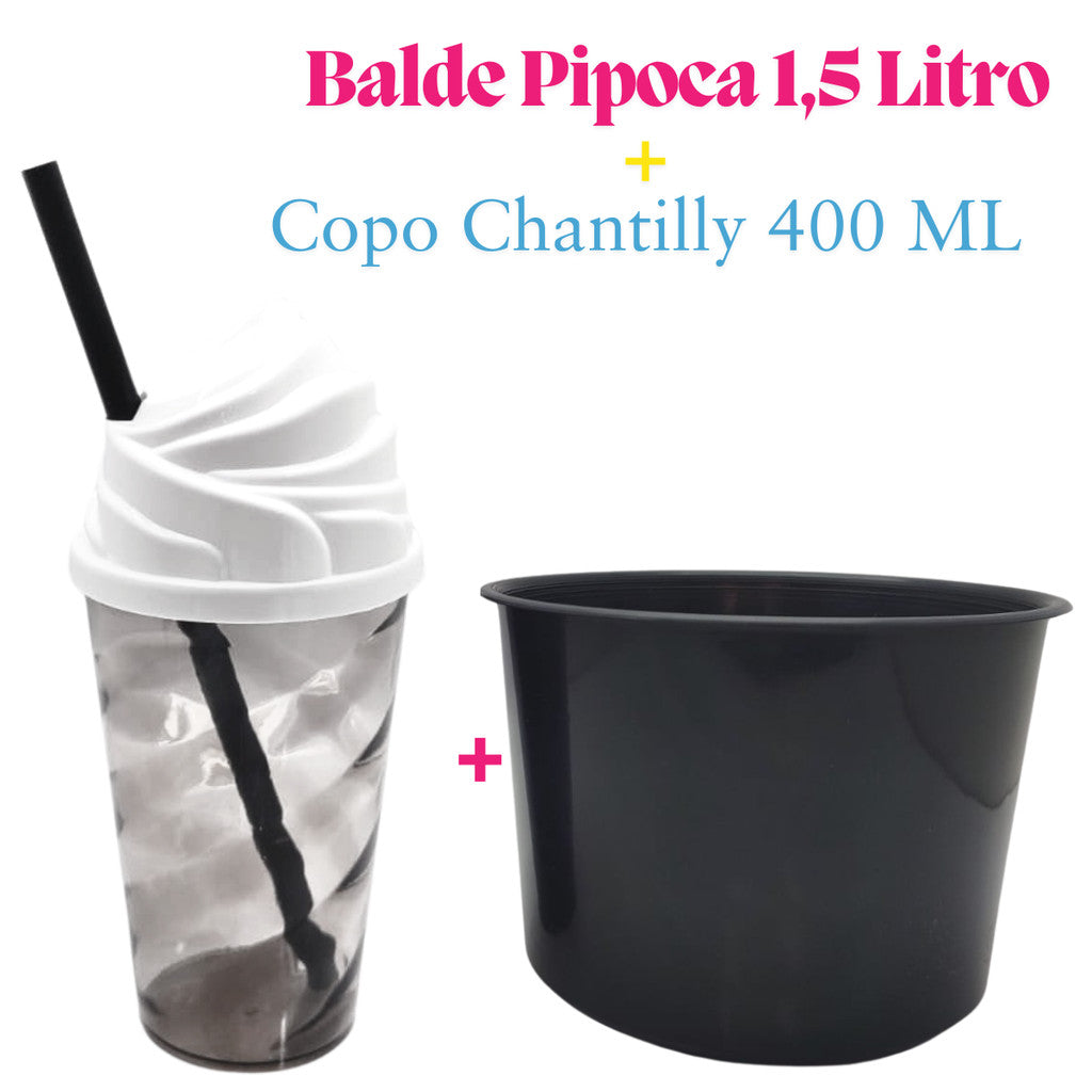 Kit Lembrança 15 Balde Pipoca 1,5 L+ 15 Copo Twister Tampa Chantily 400 ML