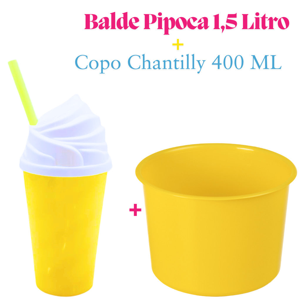Kit Lembrança 15 Balde Pipoca 1,5 L+ 15 Copo Twister Tampa Chantily 400 ML