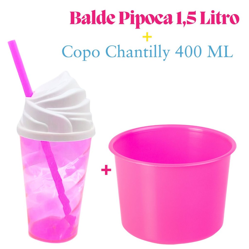Kit Lembrança 15 Balde Pipoca 1,5 L+ 15 Copo Twister Tampa Chantily 400 ML