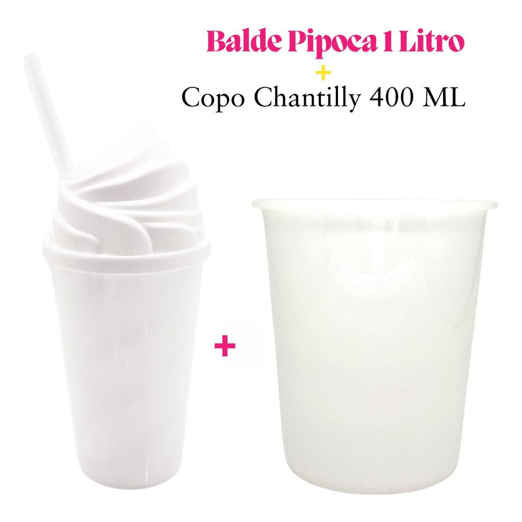 30 Kit Festa Baldinho Pipoca 1Lt + 30 Copos Chantily 400 Ml Lembrancinha Cinema Chá Reveleção
