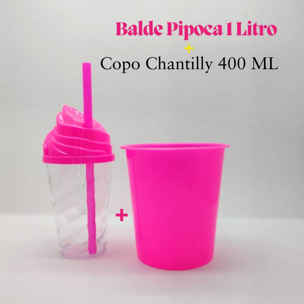 30 Kit Festa Baldinho Pipoca 1Lt + 30 Copos Chantily 400 Ml Lembrancinha Cinema Chá Reveleção