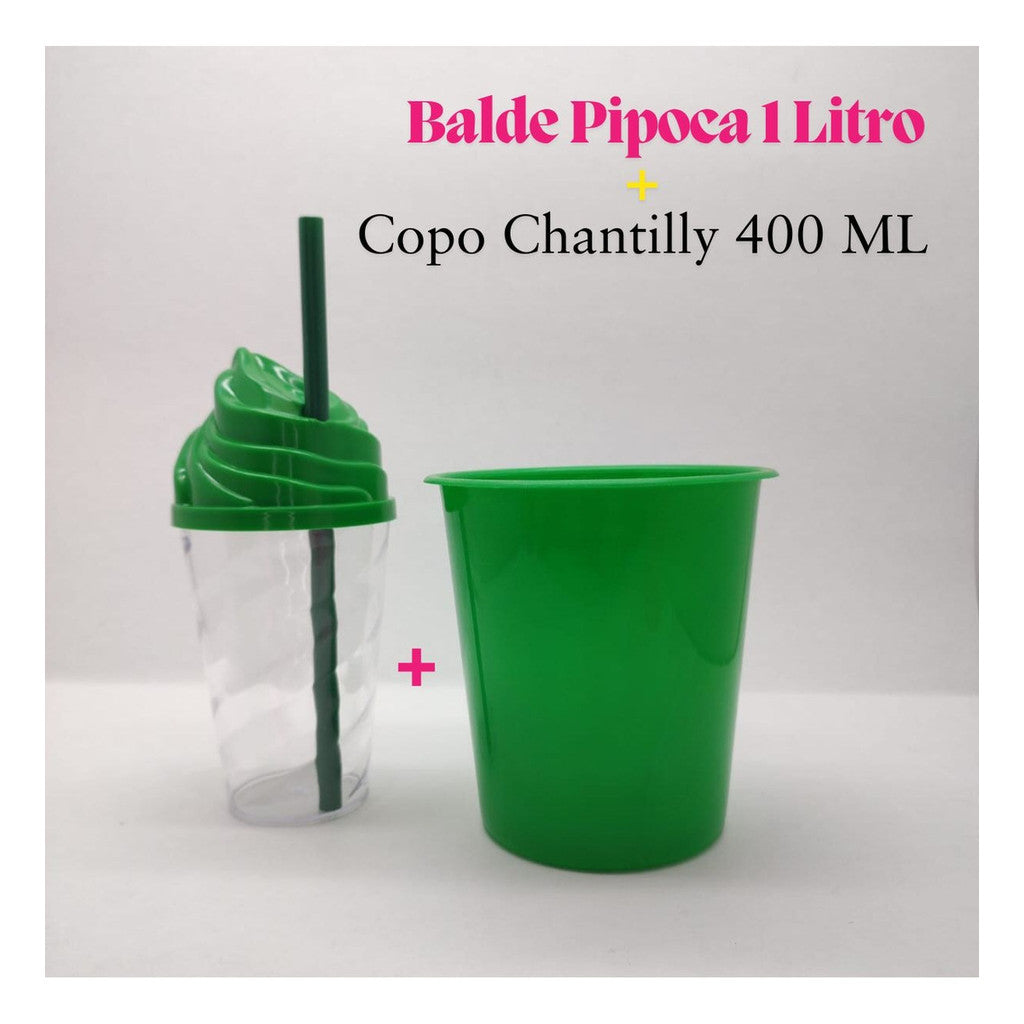 30 Kit Festa Baldinho Pipoca 1Lt + 30 Copos Chantily 400 Ml Lembrancinha Cinema Chá Reveleção