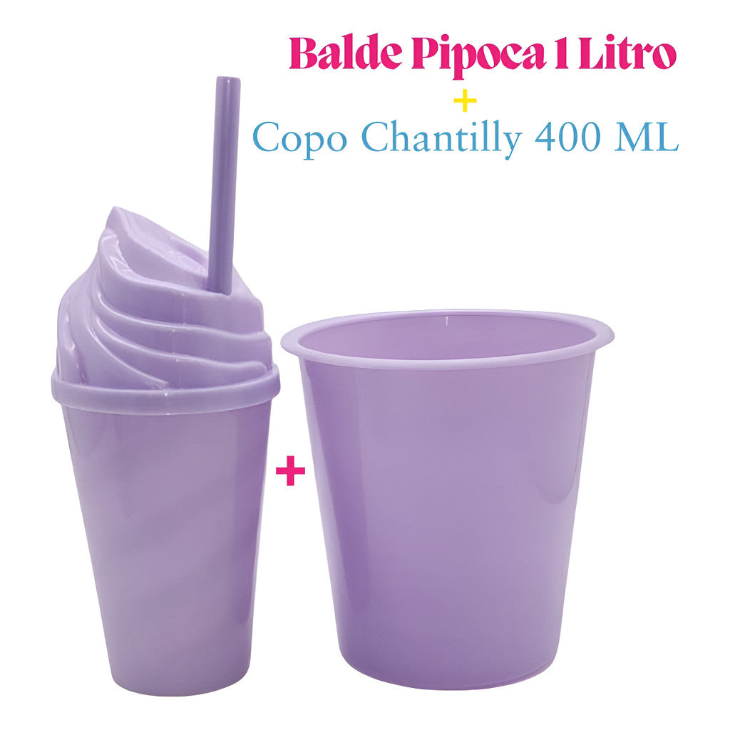 30 Kit Festa Baldinho Pipoca 1Lt + 30 Copos Chantily 400 Ml Lembrancinha Cinema Chá Reveleção