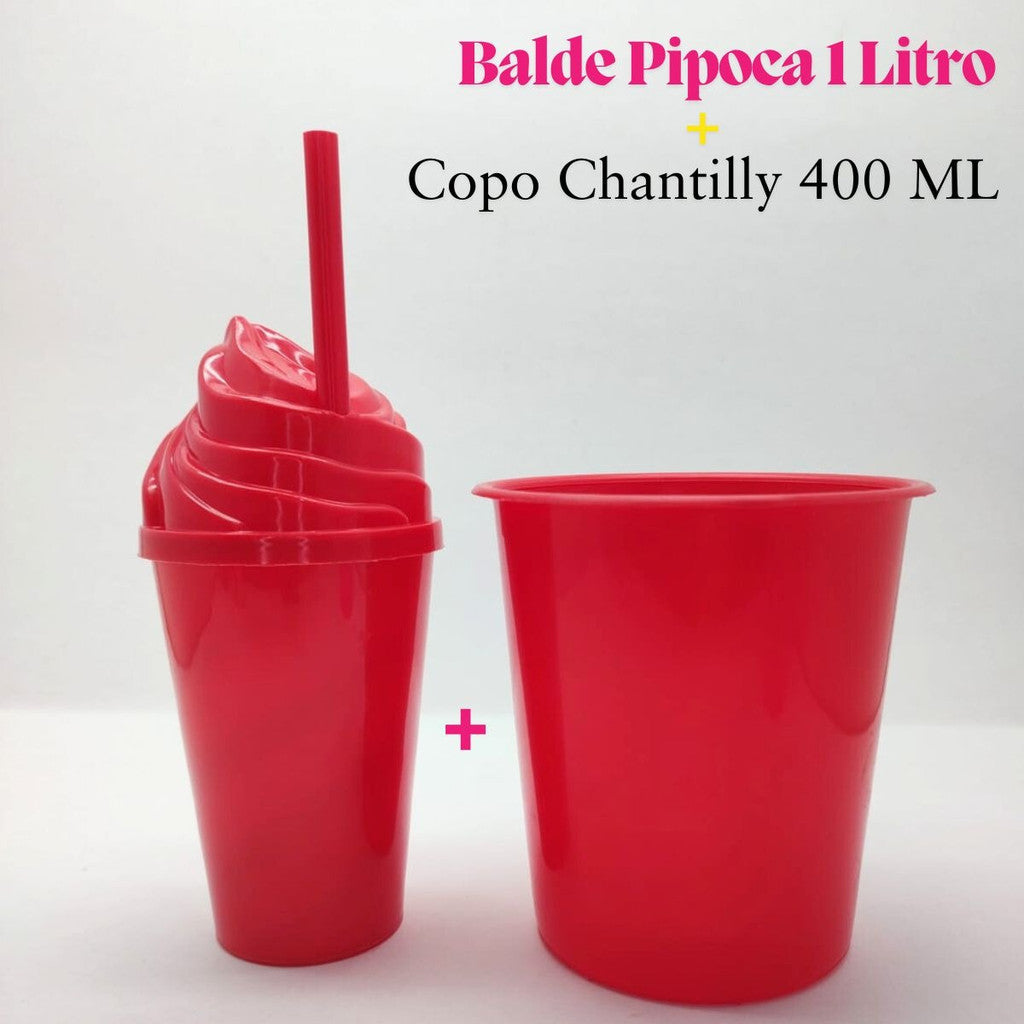 30 Kit Festa Baldinho Pipoca 1Lt + 30 Copos Chantily 400 Ml Lembrancinha Cinema Chá Reveleção