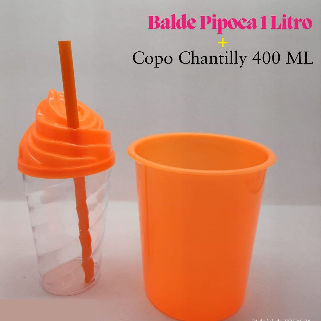 30 Kit Festa Baldinho Pipoca 1Lt + 30 Copos Chantily 400 Ml Lembrancinha Cinema Chá Reveleção