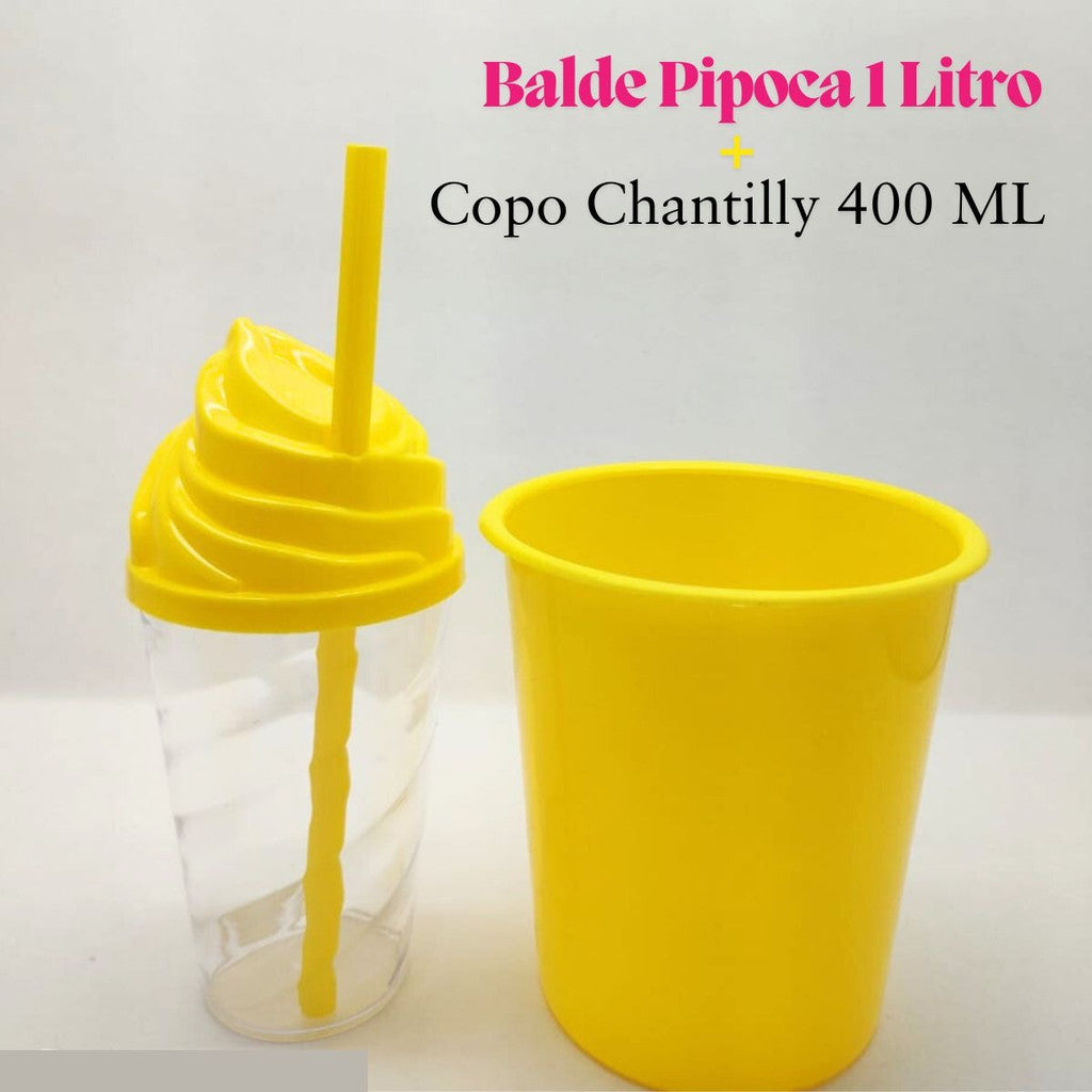 30 Kit Festa Baldinho Pipoca 1Lt + 30 Copos Chantily 400 Ml Lembrancinha Cinema Chá Reveleção