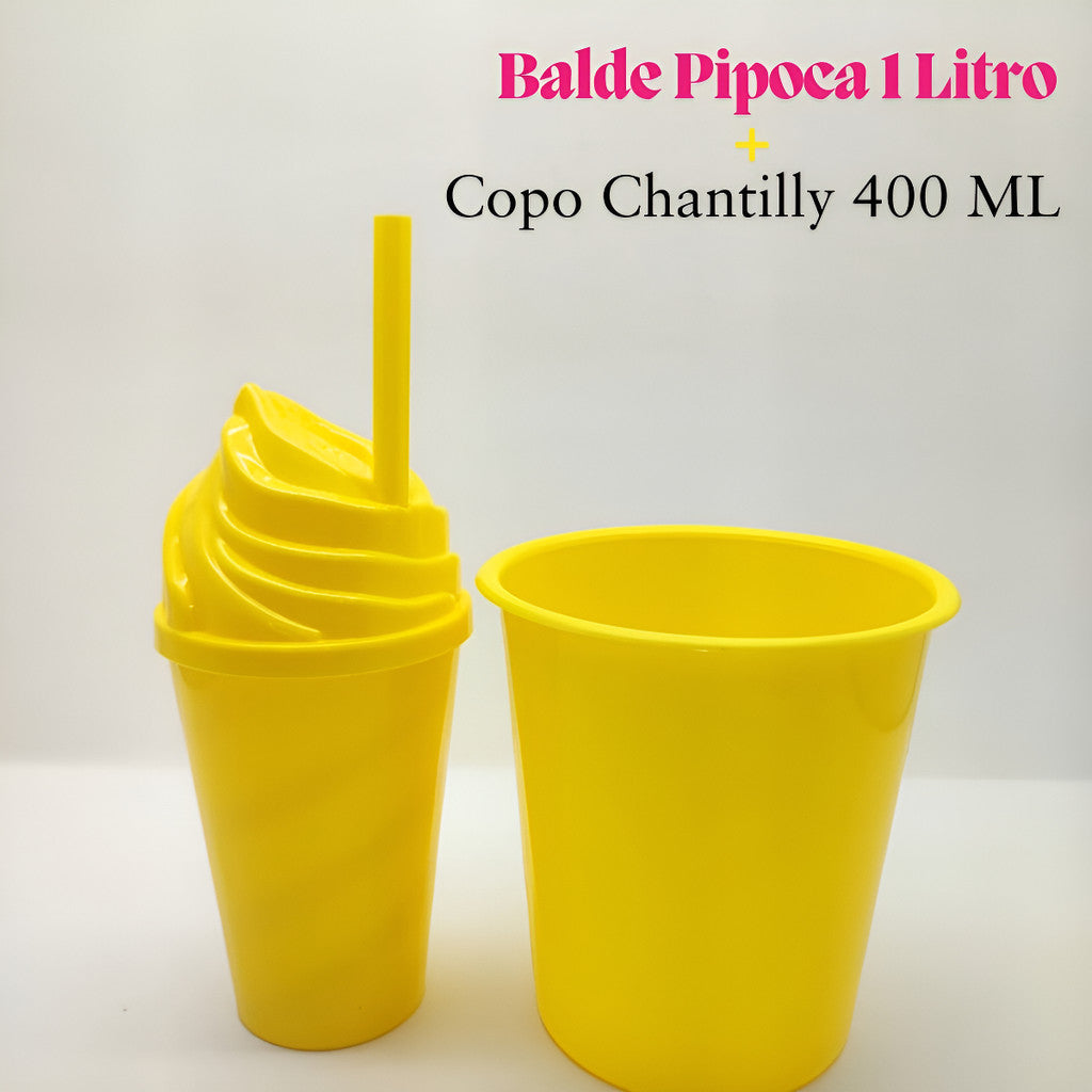 30 Kit Festa Baldinho Pipoca 1Lt + 30 Copos Chantily 400 Ml Lembrancinha Cinema Chá Reveleção