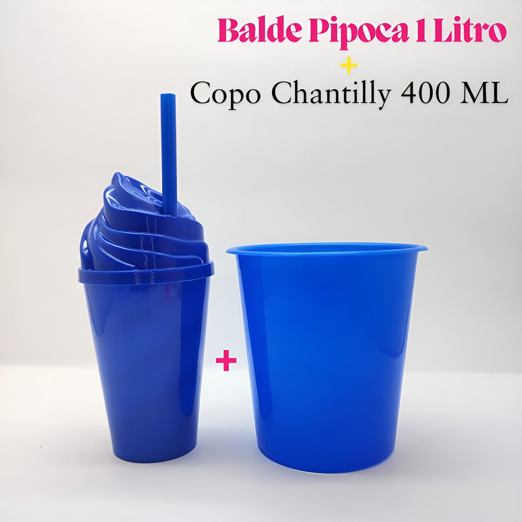 30 Kit Festa Baldinho Pipoca 1Lt + 30 Copos Chantily 400 Ml Lembrancinha Cinema Chá Reveleção