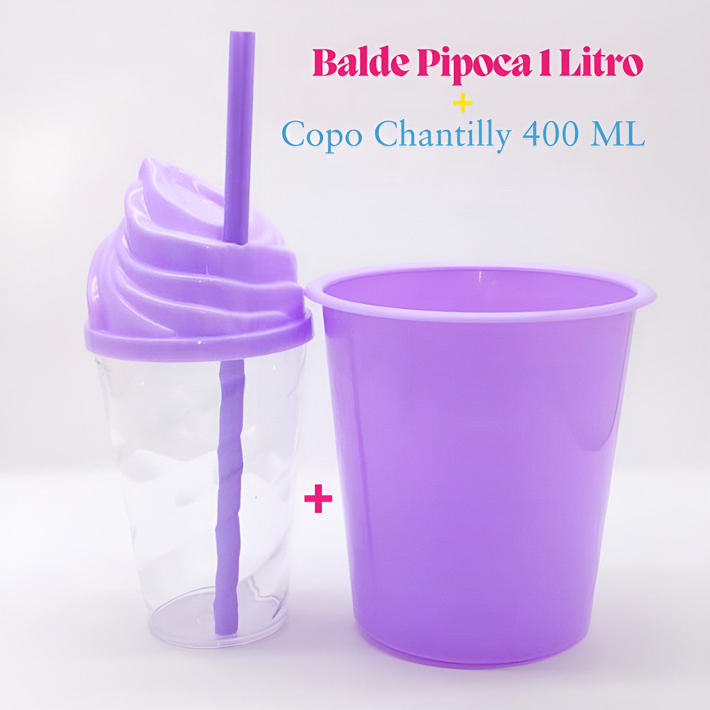 30 Kit Festa Baldinho Pipoca 1Lt + 30 Copos Chantily 400 Ml Lembrancinha Cinema Chá Reveleção