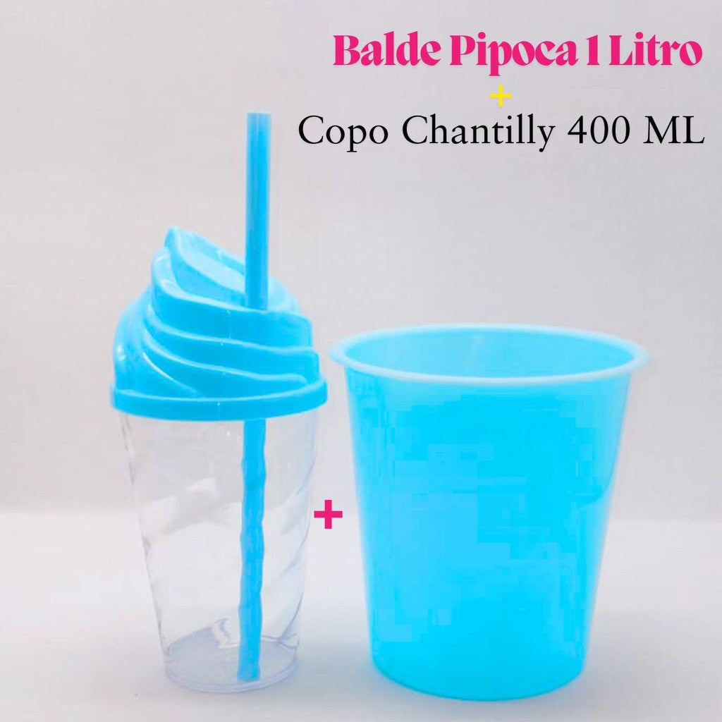 30 Kit Festa Baldinho Pipoca 1Lt + 30 Copos Chantily 400 Ml Lembrancinha Cinema Chá Reveleção